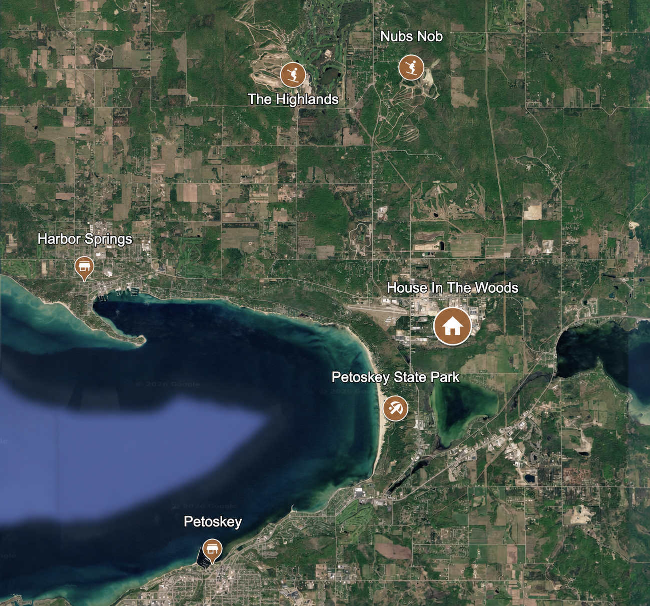 Satellite map showing House In The Woods between Harbor Springs and Petoskey, near Petoskey State Park, The Highlands, and Nub’s Nob
